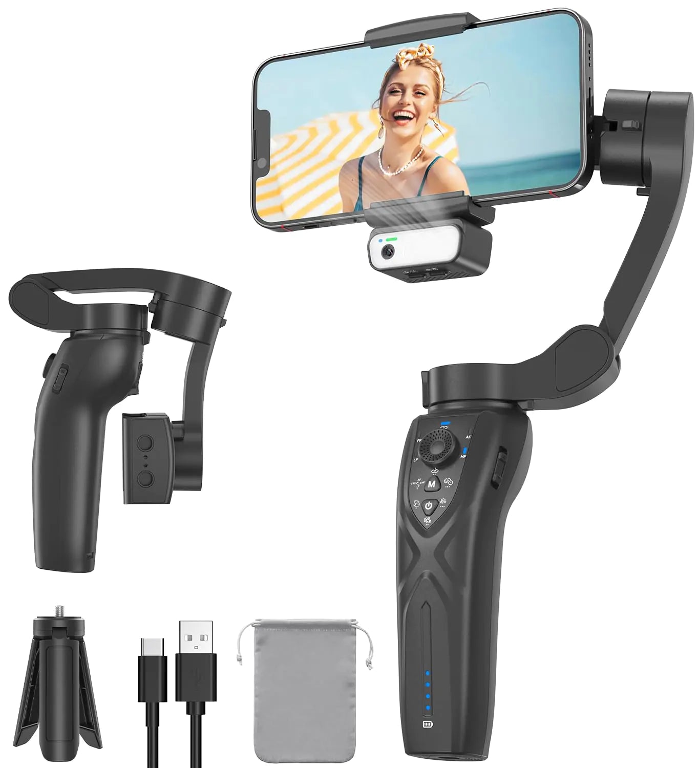Gimbal Stabilizer for Smartphone 3-Axis Phone Gimbal Portable and Foldable with AI Tracking Sensor Magnetic Fill Light Gimbal Stabilizer for iPhone & Android Phone stabilizer for Video Recording